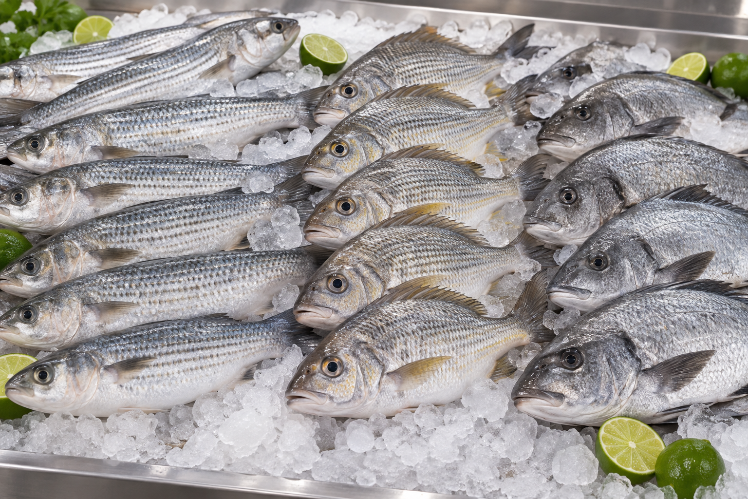Whole fish arranged on crushed ice
