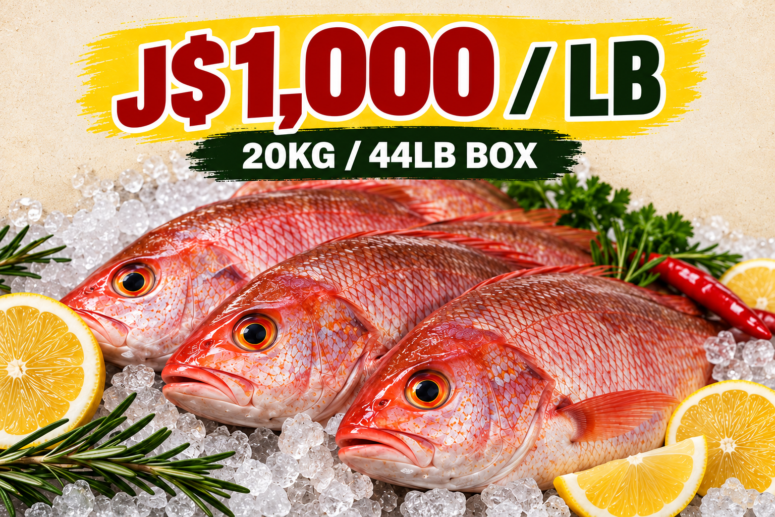 Red Snapper special: J$1,000 per pound, 20 kg / 44 lb box